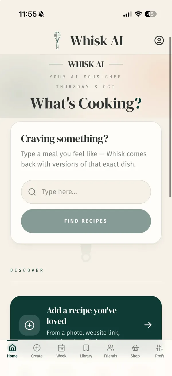 The Whisk AI home screen on iPhone